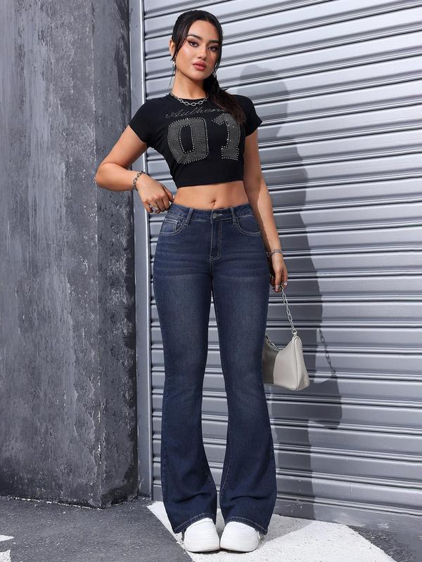 Women's Plain Flare Leg Jeans, Casual Button Fly Pocket Design Denim Trousers for Daily Wear, Ladies Bottoms for All Seasons